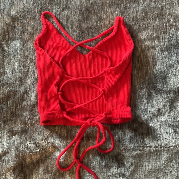 Garage Lace-Up Strappy Back Ribbed Cami Red - Picture 2 of 2